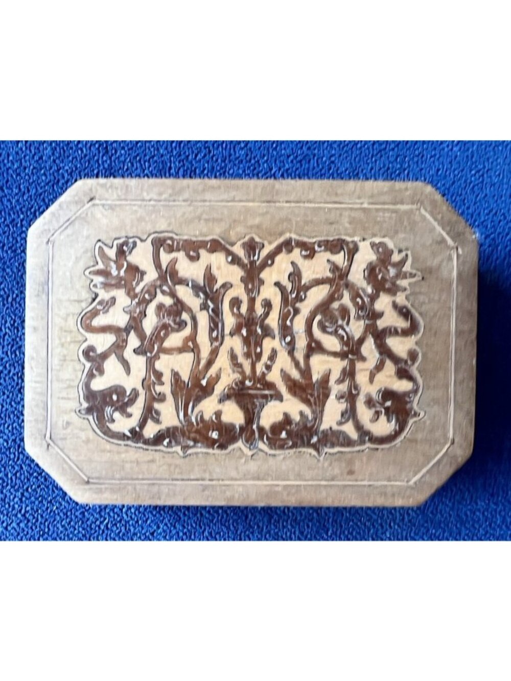 Octagon Inlaid Wooden Trinket Jewelry Box Arabesque Hinged Veneer 4" x 3" Flaw